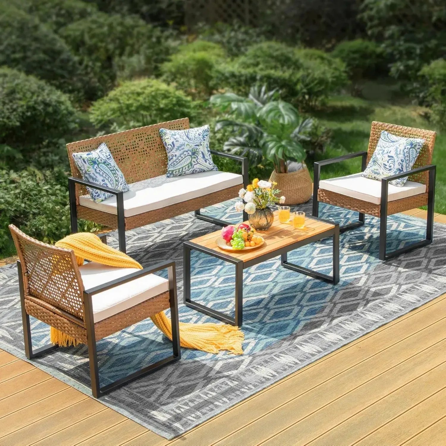 MFSTUDIO Gartenmöbel Set aus Polyrattan mit Akazienholz Tischplatte, Outdoor Sitzgruppe für Terrasse und Balkon, Braun Rattan mit Beigen Kissen