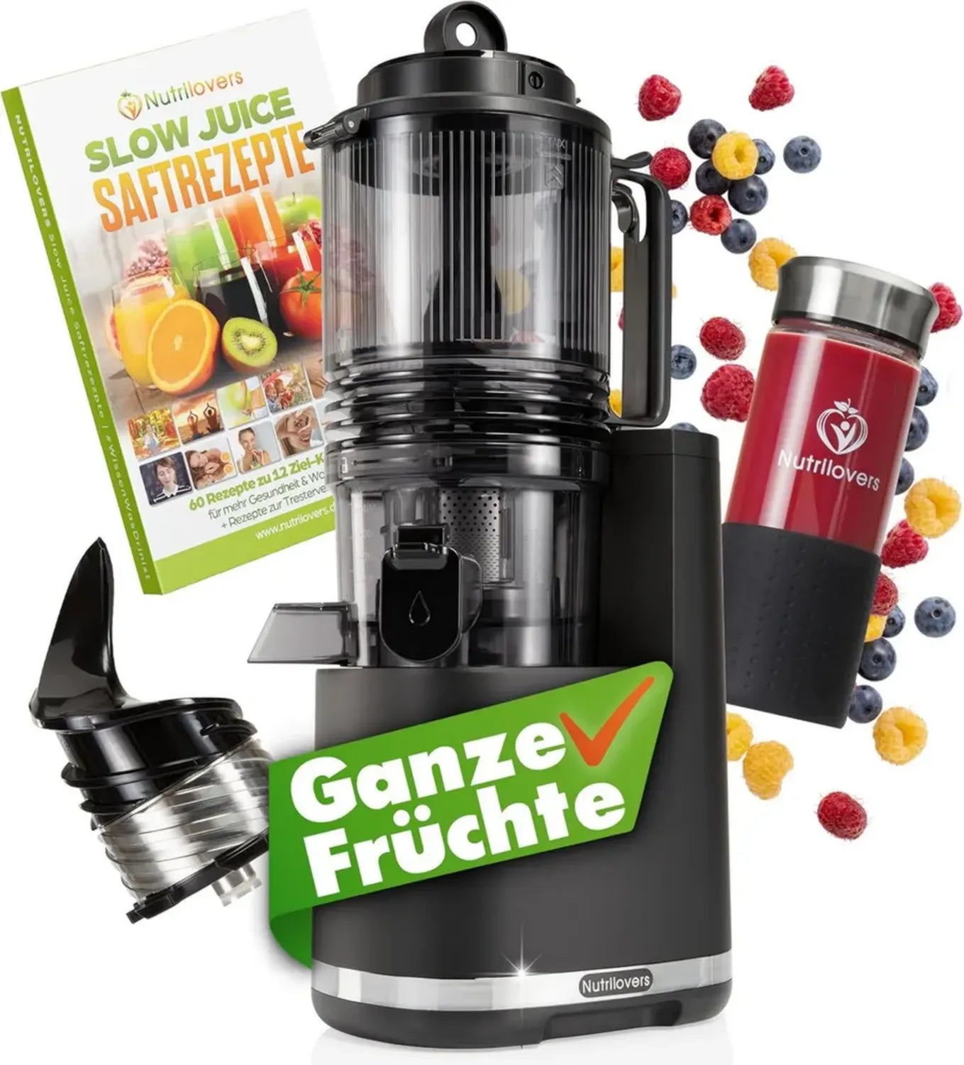 Nutrilovers Slow Juicer für ganze Früchte, BPA-frei, XXL 150 mm Öffnung mit Saftflasche und Rezeptbuch