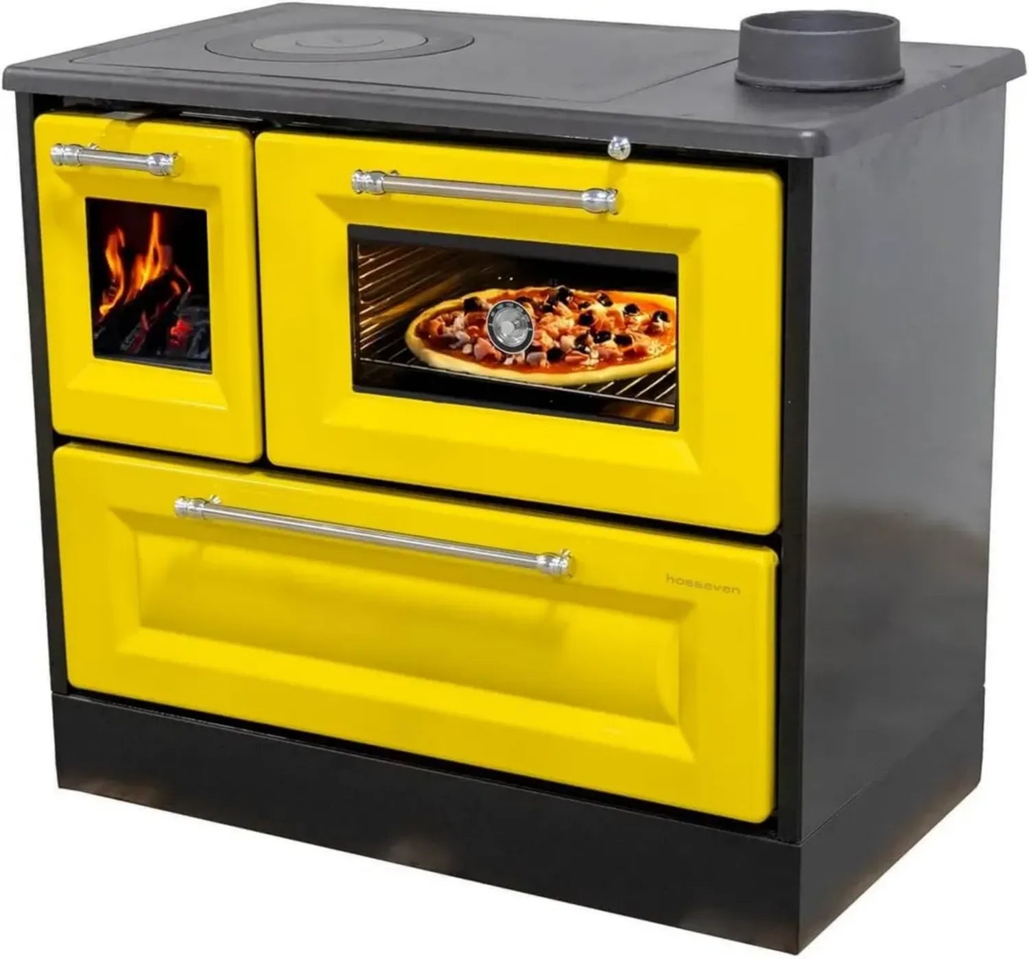 Holzofen mit Backfach und Kochplatte 8 kW für Küche, gelb