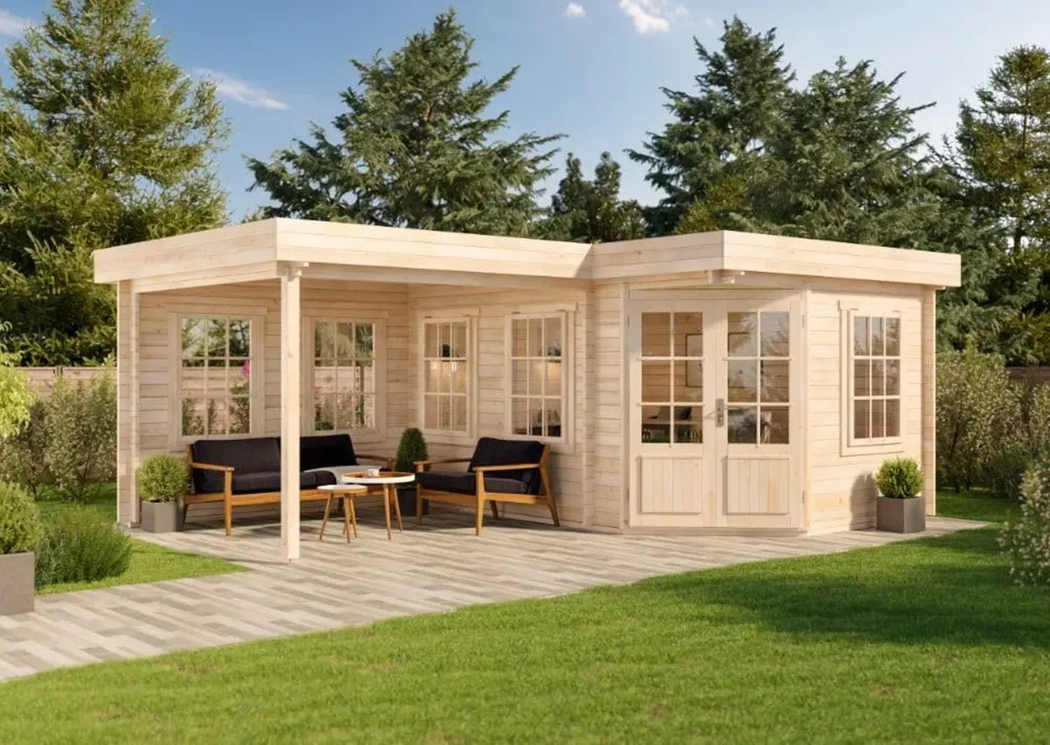 Holz-Gartenhaus 5-Eck Pepe 618x462cm, Natur, 28 mm Wandstärke