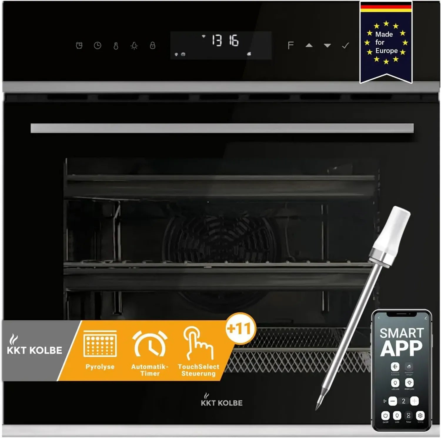 KOLBE Einbau-Backofen mit Pyrolyse und Air Fry Funktion, 70L, 60cm, 2,8kW, Umluft, Grill, Pizzamodus, Wärmeschutzglas
