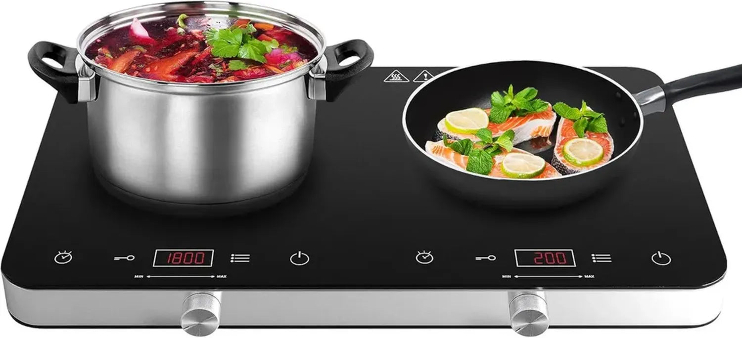 Zweifaches Induktionskochfeld mit Touch- und Drehsteuerung, 3500W, 10 Temperaturstufen, 4-Stunden-Timer, Perfekt für Küche und Camping