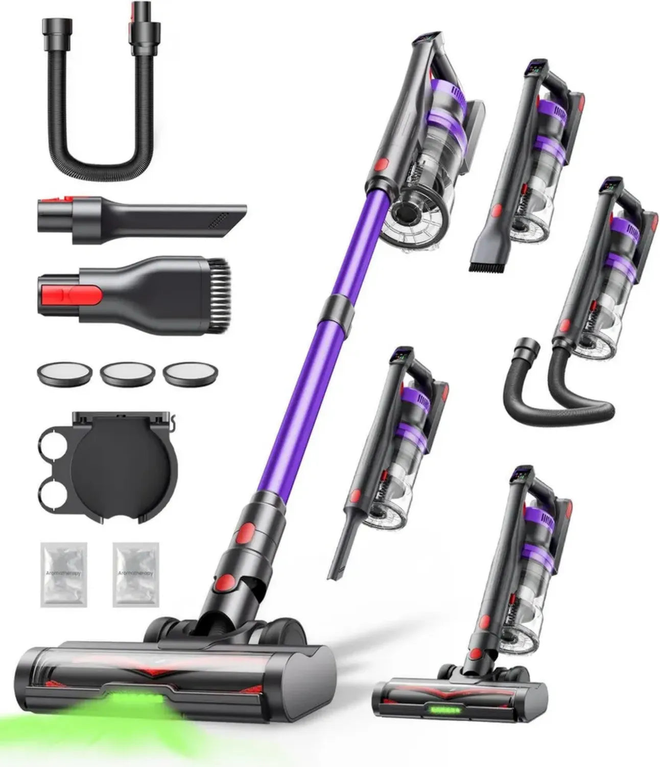 Kabelloser Staubsauger 600W, 45kPa, 60 Min Laufzeit, 1M Schlauch, HD-Display, Aromatherapie, 1,8L Behälter, Anti-Tangle-Bürste, LED-Licht für Teppiche und Hartböden