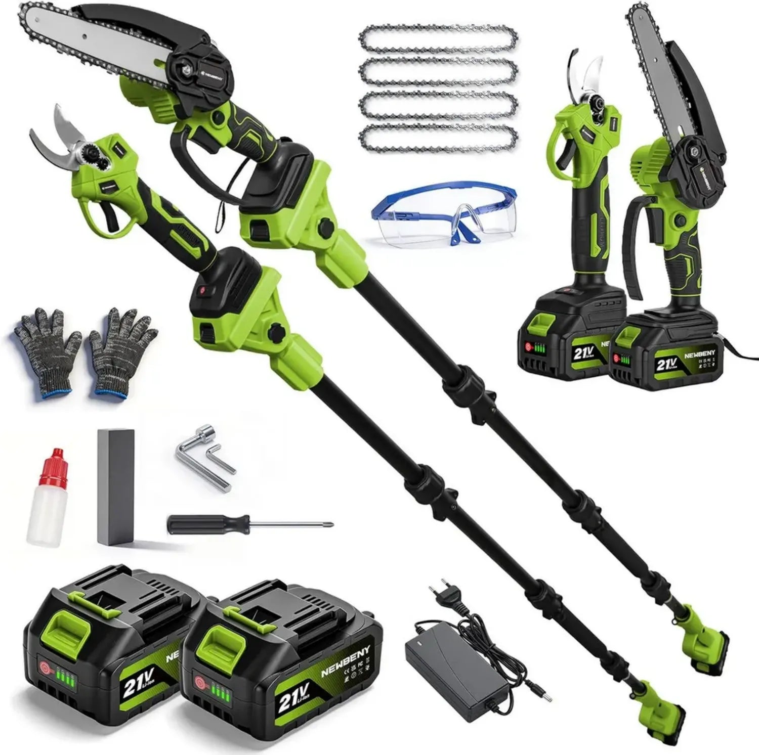 Elektrischer Hochentaster mit Akku, 180° verstellbare Kettensäge, 2x 3,0 Ah Batterien, Teleskopstange 2,4 m für präzises Schneiden