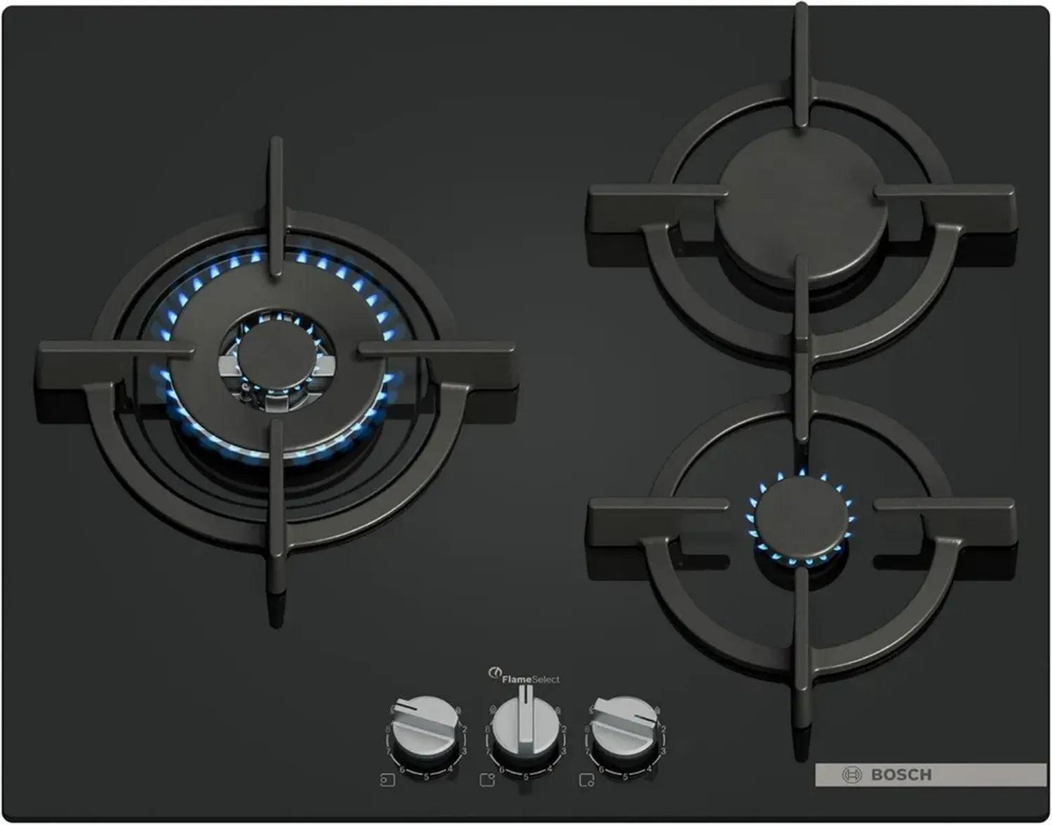 Bosch Gaskochfeld Serie 6 mit 3 Brennern, FlameSelect und GasStop, Schwarz