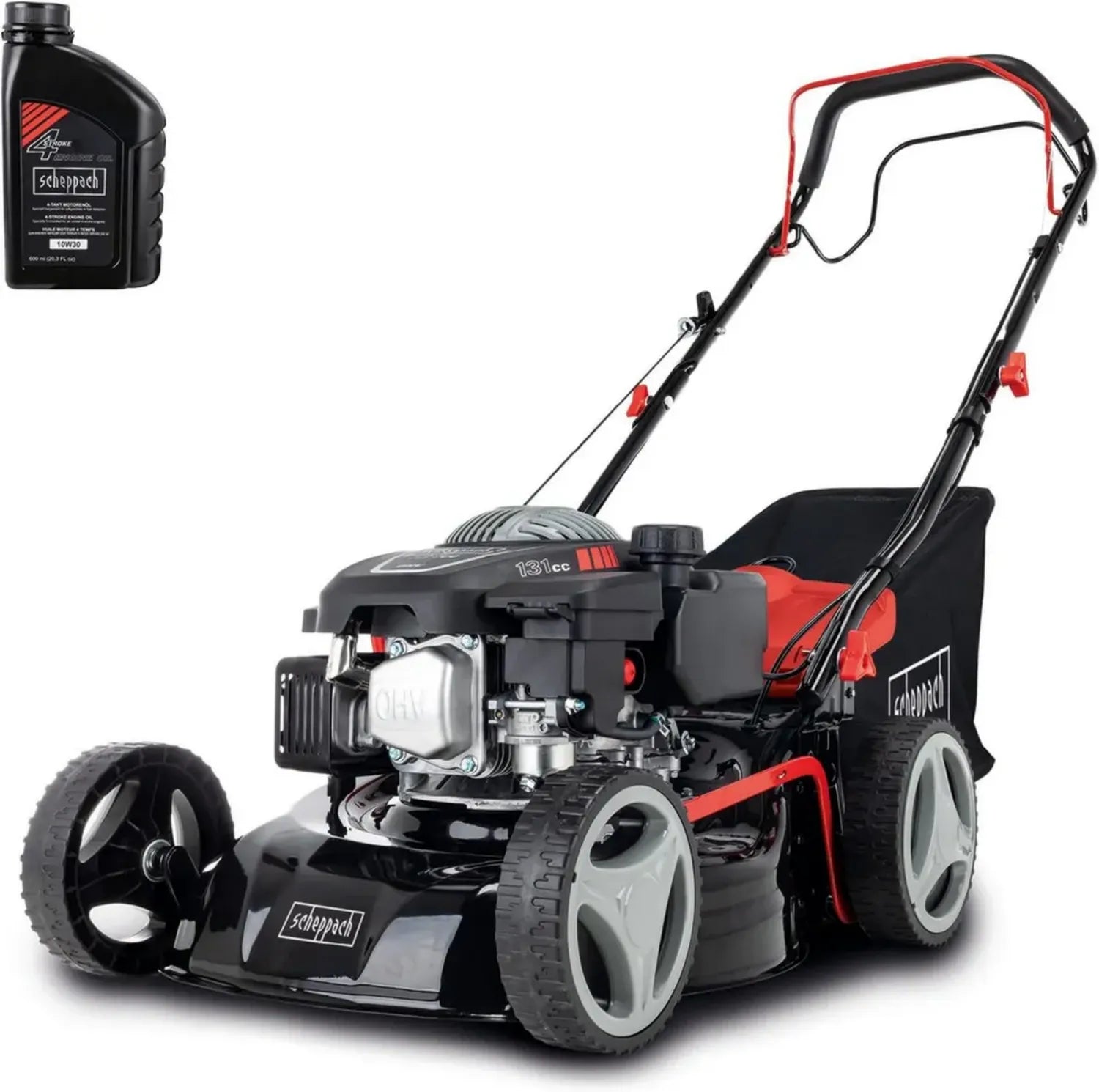 Scheppach RM420A Benzinrasenmäher | 3,3 PS Motor | 42 cm Schnittbreite | 45 L Grasfangkorb | Höhenverstellbar 25-75 mm | Mit Radantrieb & Reinigungsfunktion