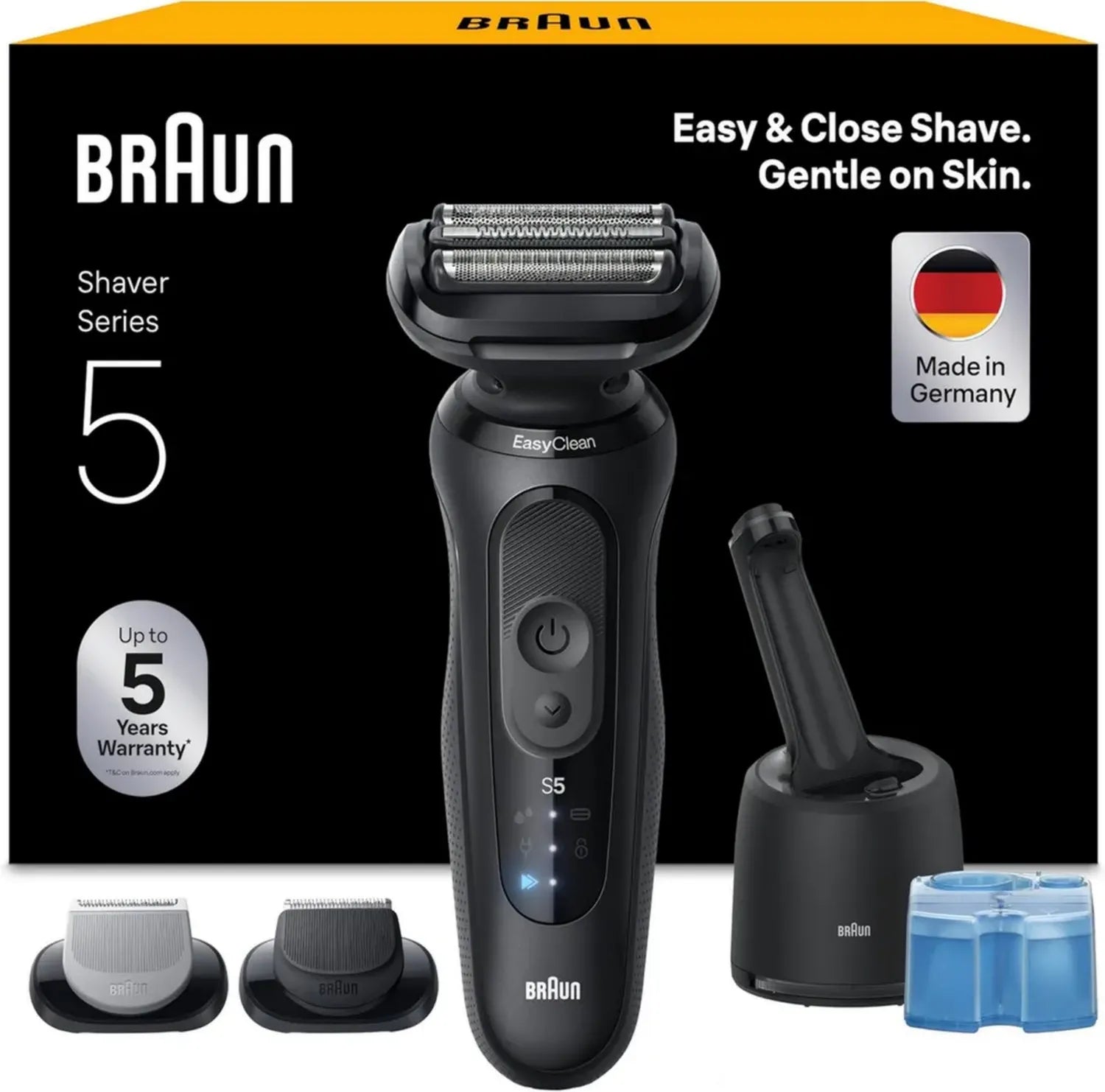 Braun Herrenrasierer Series 5, Elektrischer Nass- und Trockenrasierer, Mit SmartCare Reinigungsstation und Zwei Aufsätzen, Wassergeschützt, Kabellos, Schwarz