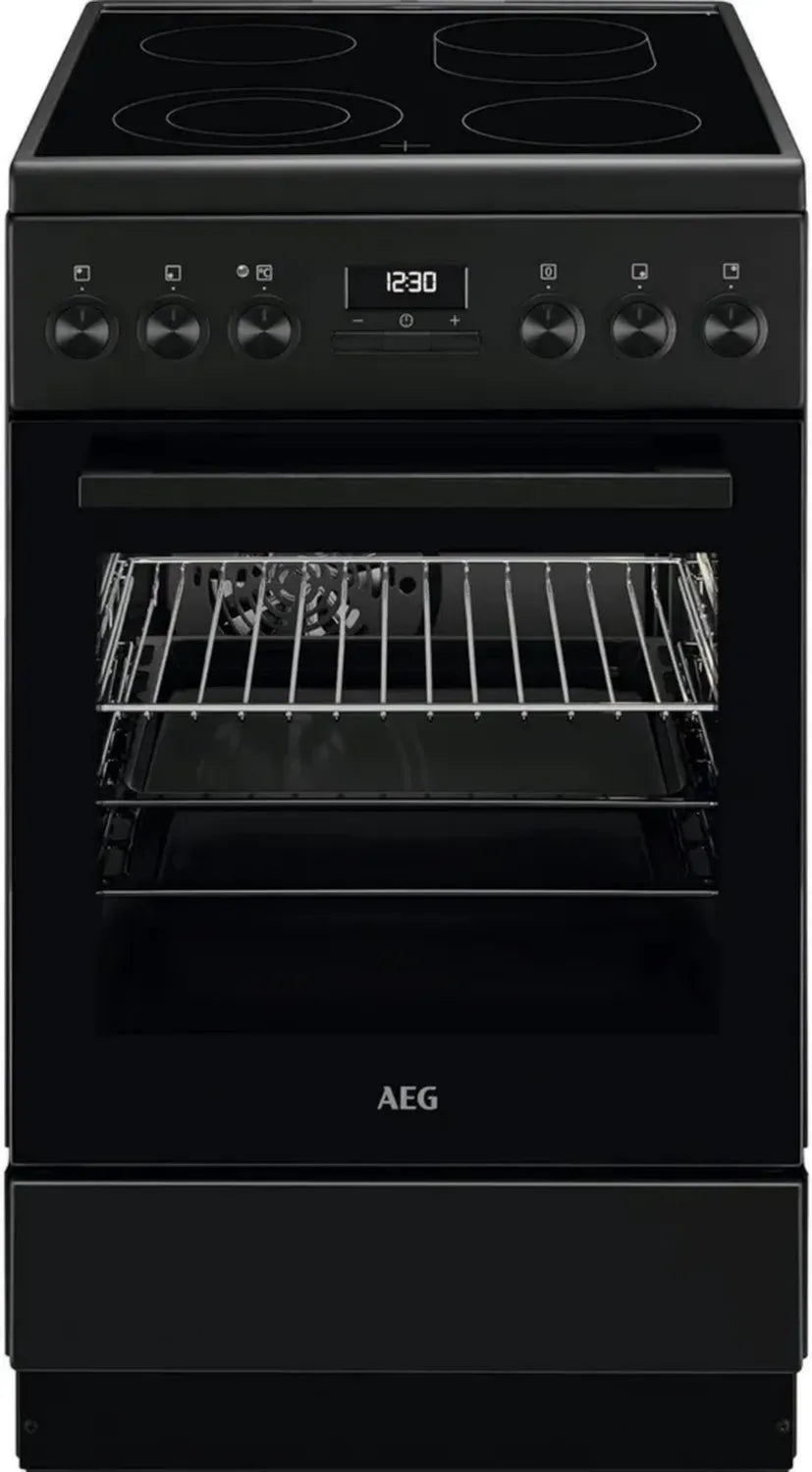 AEG Elektroherd mit Glaskeramikkochfeld, 50 cm, Energieklasse A, Teleskopauszüge, Bräterzone, Mehrkreiszone, Versenkbare Knöpfe, Grill, Uhr-Display, Mattschwarz