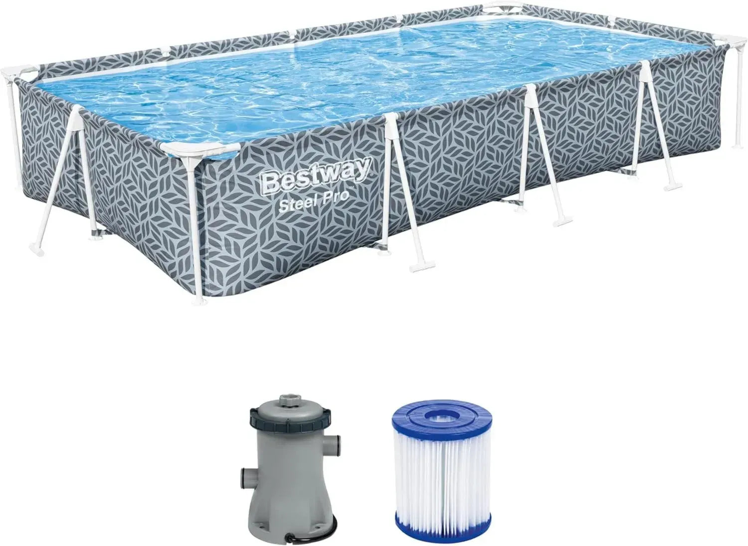 Bestway Stahlrahmenpool Set inkl. Filterpumpe 366 x 201 x 66 cm, rechteckig, Blattmotiv