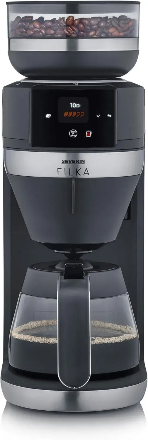 SEVERIN Vollautomatische Filterkaffeemaschine, 5-in-1 mit LED-Anzeige, Mahlwerk und Glaskanne, Schwarz-Matt/Edelstahl, Modell KA 9694