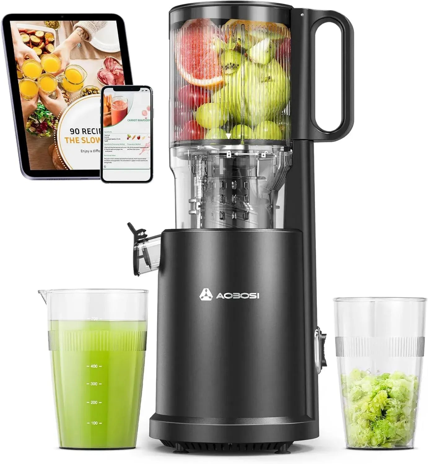 AOBOSI Slow Juicer, XXL-Einfüllöffnung, leiser 200W Entsafter mit Dreifachfilter, ideal für Gemüse und Obst, Schwarz