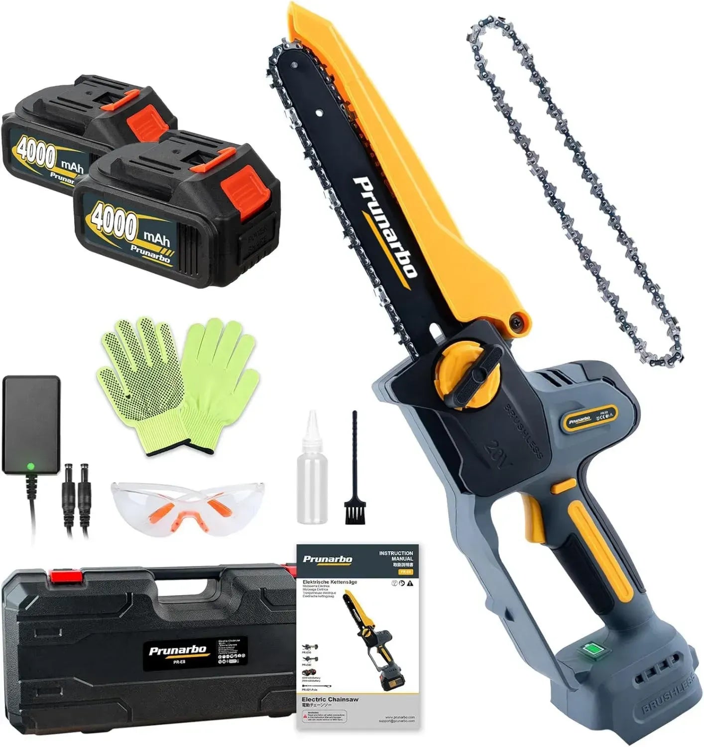 Elektrische 8-Zoll Akku-Kettensäge 2x 4.0Ah, 900W bürstenlos – Ideal für Gartenpflege, Holzarbeiten & DIY