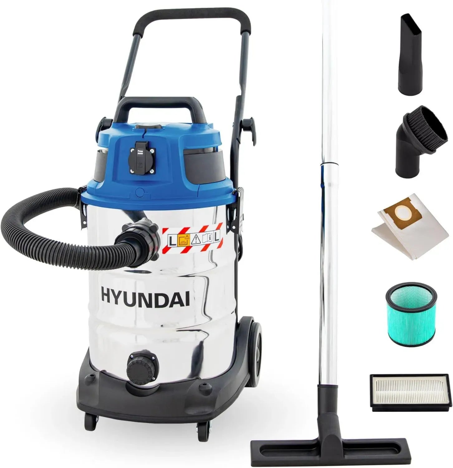 HYUNDAI Industrieller Nass- und Trockensauger 1600 W, 30l Edelstahlbehälter, Steckdose & Master-Slave