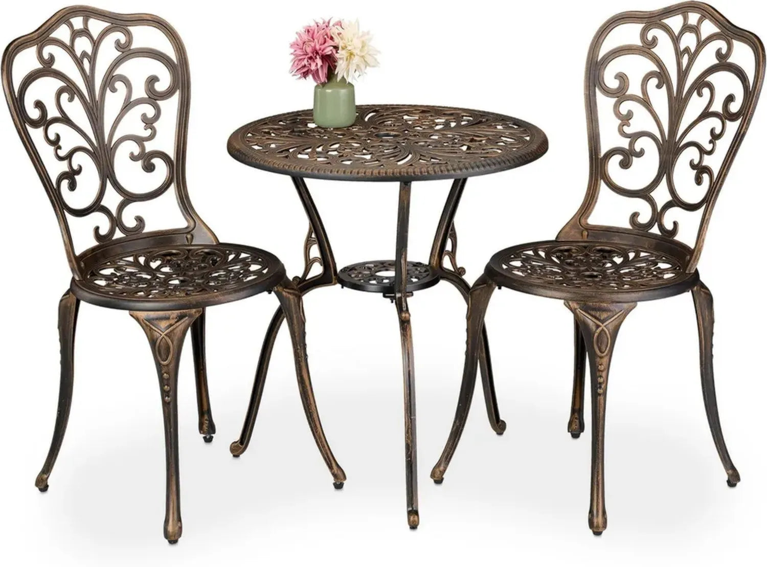 Antike Gartenmöbel Sets: 3-teiliges Set mit Tisch und 2 Stühlen aus Aluminiumguss, Schwarz/Bronze