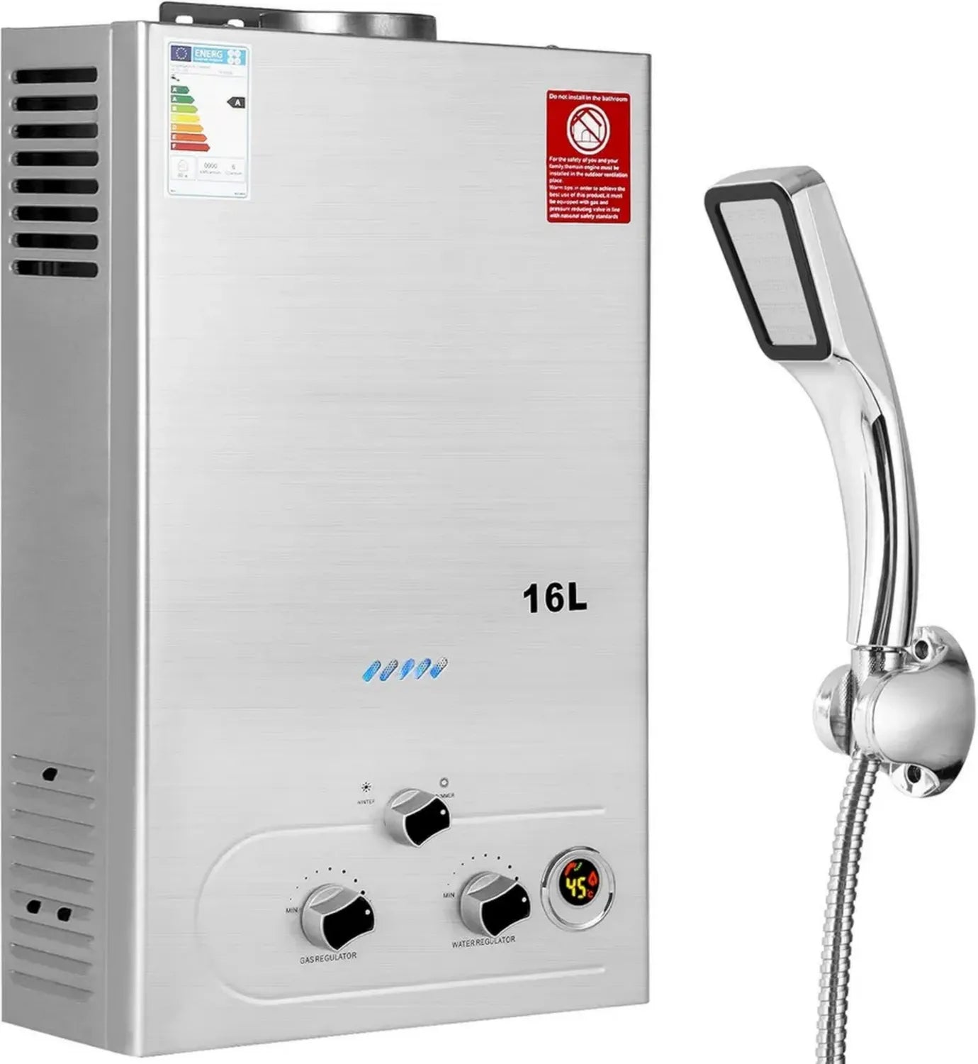 BreeRainz 16L Gas-Durchlauferhitzer mit 32 kW, inkl. Duschkopf, niedriger Startdruck 0,2 bar, ideal für Zuhause und Wohnmobile