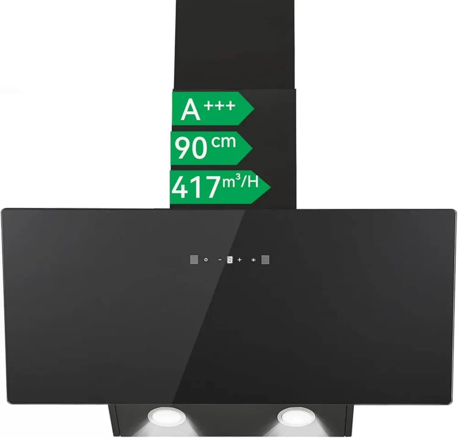 90 cm Schrägwandhaube A+++ mit Touch- und Gestensteuerung, 416 m³/h, 58 dB, Abluft/Umluft, inkl. 2× Aktivkohlefilter, Schwarz