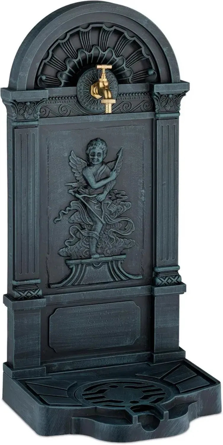 Nostalgischer Gartenbrunnen mit Engelmotiv, Wasserhahn & Becken, H: 83 cm, für Außenbereich, Grau-Grün