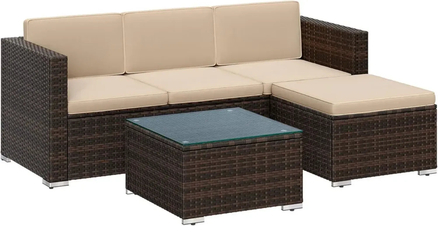 SONGMICS Balkonmöbel-Set aus Polyrattan, Outdoor Ecksofa mit Kissen und Glastisch, braun-Taupe
