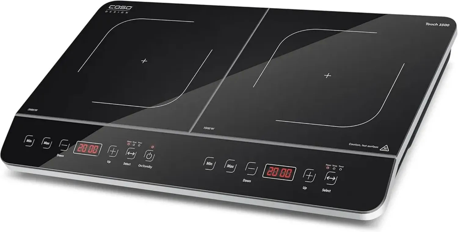 CASO Touch 3500 Doppel-Induktionskochfeld mit Sicherheitsschalter, 60-240°C, 6 Leistungsstufen, 180 Min. Timer, für Töpfe bis 26 cm, 3500 Watt, Glaskeramik