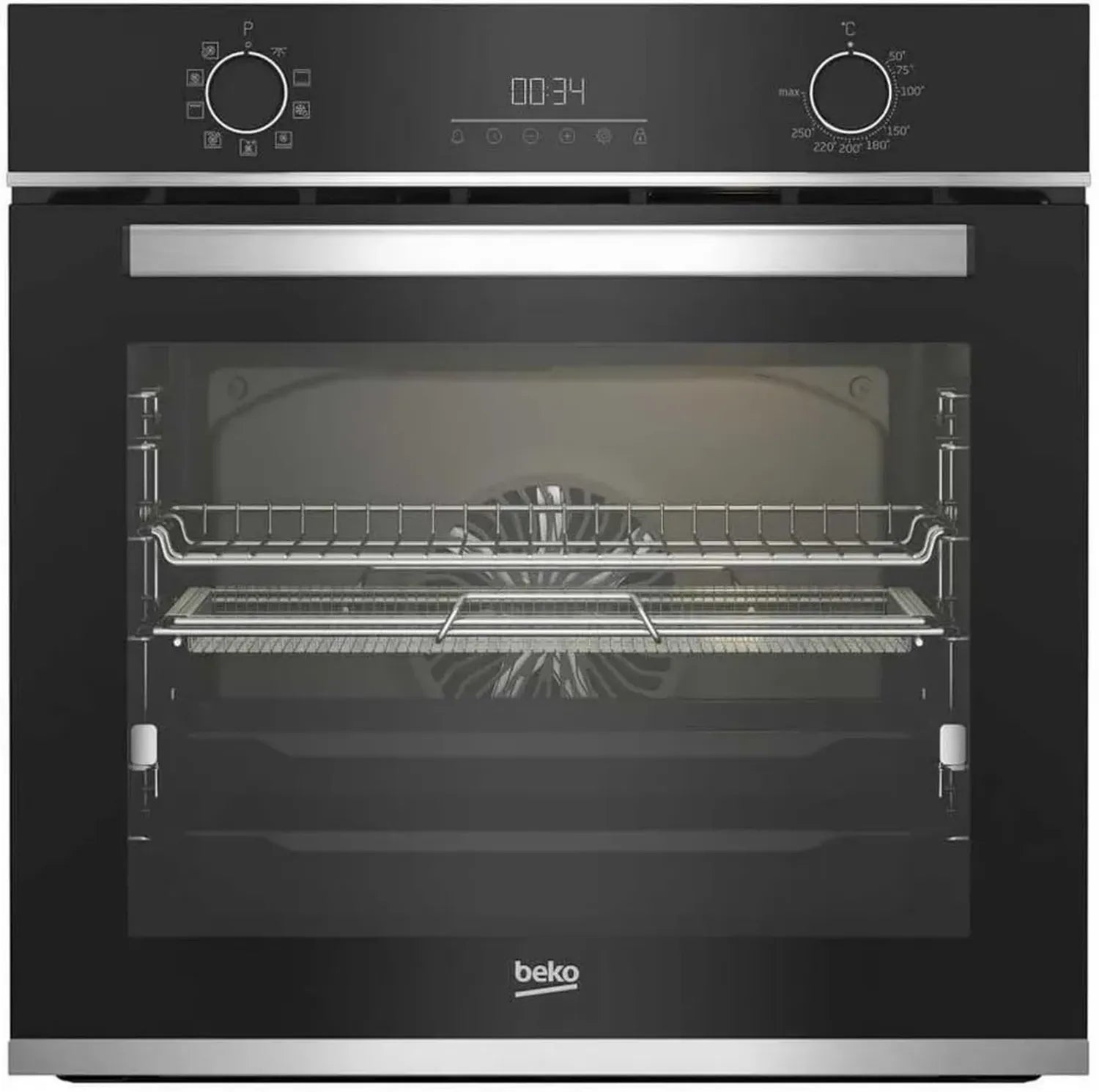 Beko Einbaubackofen, 72 L, 3300 W, Edelstahl-Schwarz, Heißluft, Kindersicherung, Energieklasse A+