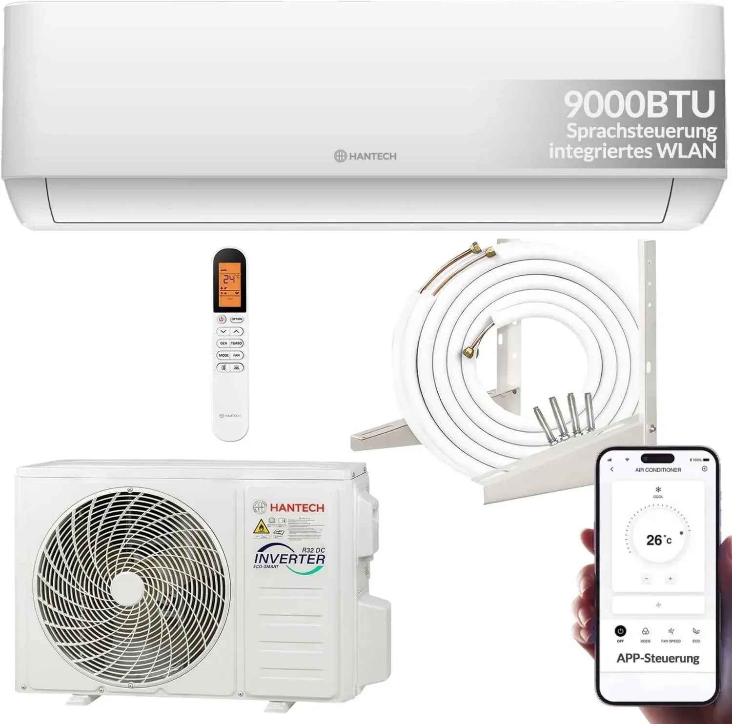 HANTECH H-PRO Klimaanlage 9000 BTU mit Heiz- und Kühlfunktion, WIFI, Luftfilter, inkl. Montagematerial, geeignet für Räume bis 30 m²