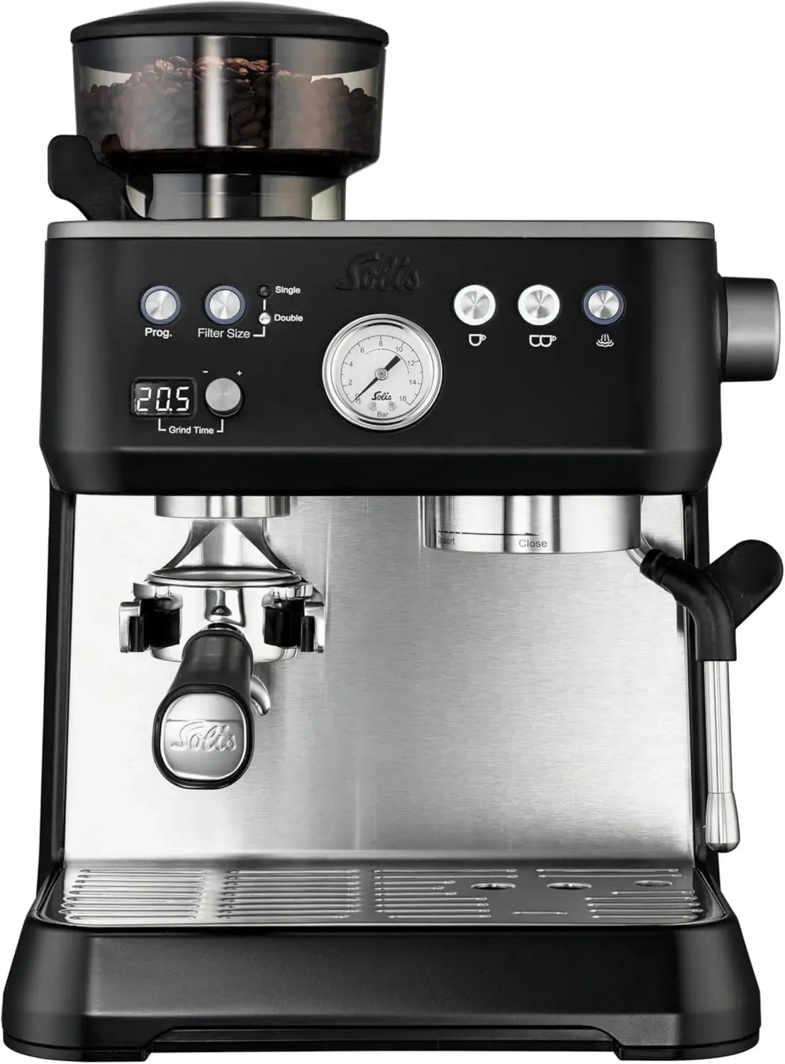 Solis Grind & Infuse PERFEKTA Espresso Maschine - Integriertes Mahlwerk & Milchaufschäumer, Halbautomatisch, Abnehmbarer Wassertank, Heißwasser- & Dampffunktion, Schwarz