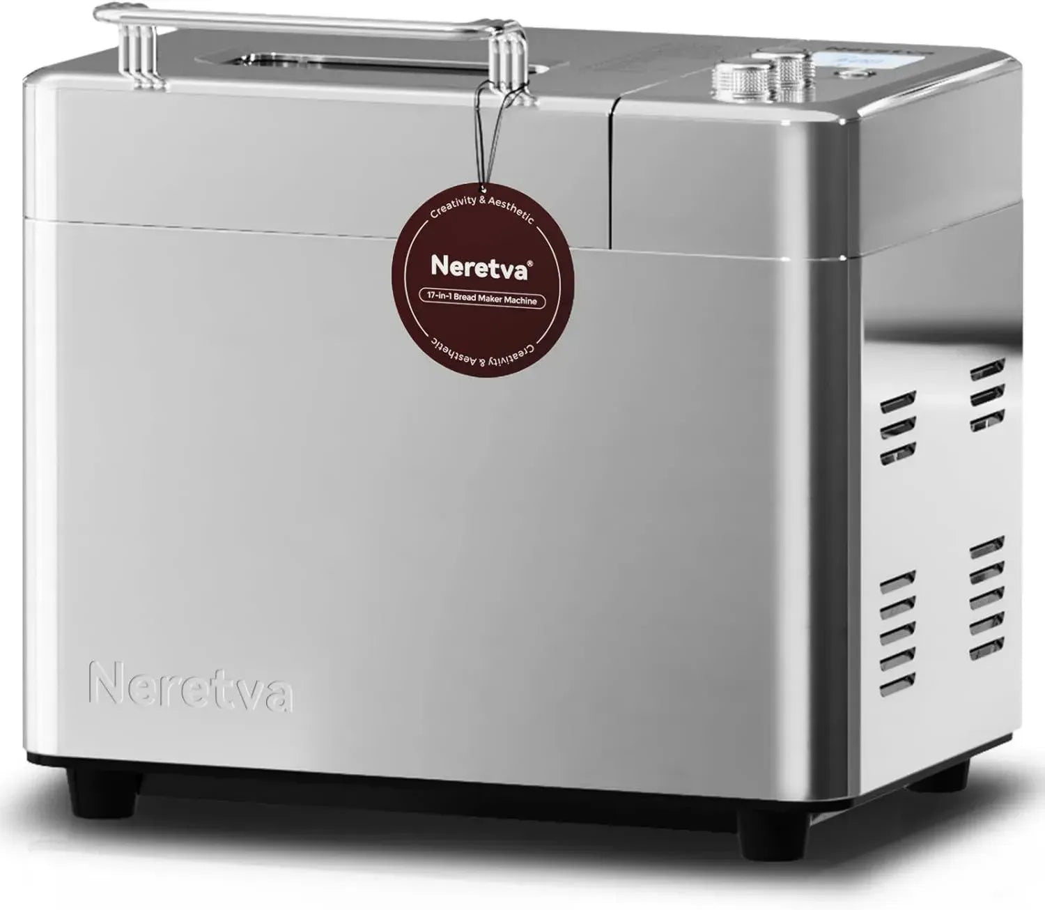 Neretva Brotbackautomat mit 17 Programmen, 1 kg Kapazität, automatischem Nuss- und Fruchtspender, keramikbeschichteter Antihaft-Backform, 15-Stunden-Timer, Warmhaltefunktion, leise, Edelstahl