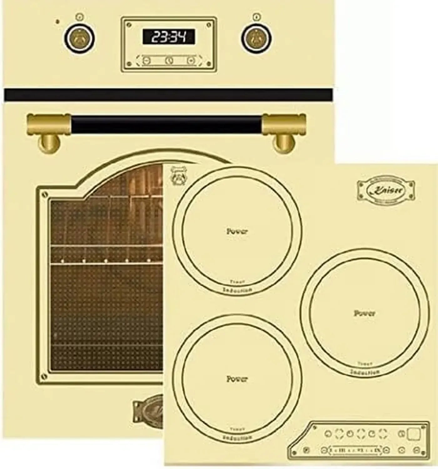 Kaiser Induktions-Set Retro Einbaubackofen 45 cm, autark, 50 L, 9 Funktionen + Kochfeld 60 cm, Bronze Metallplatten, 4 QuickHeat Zonen