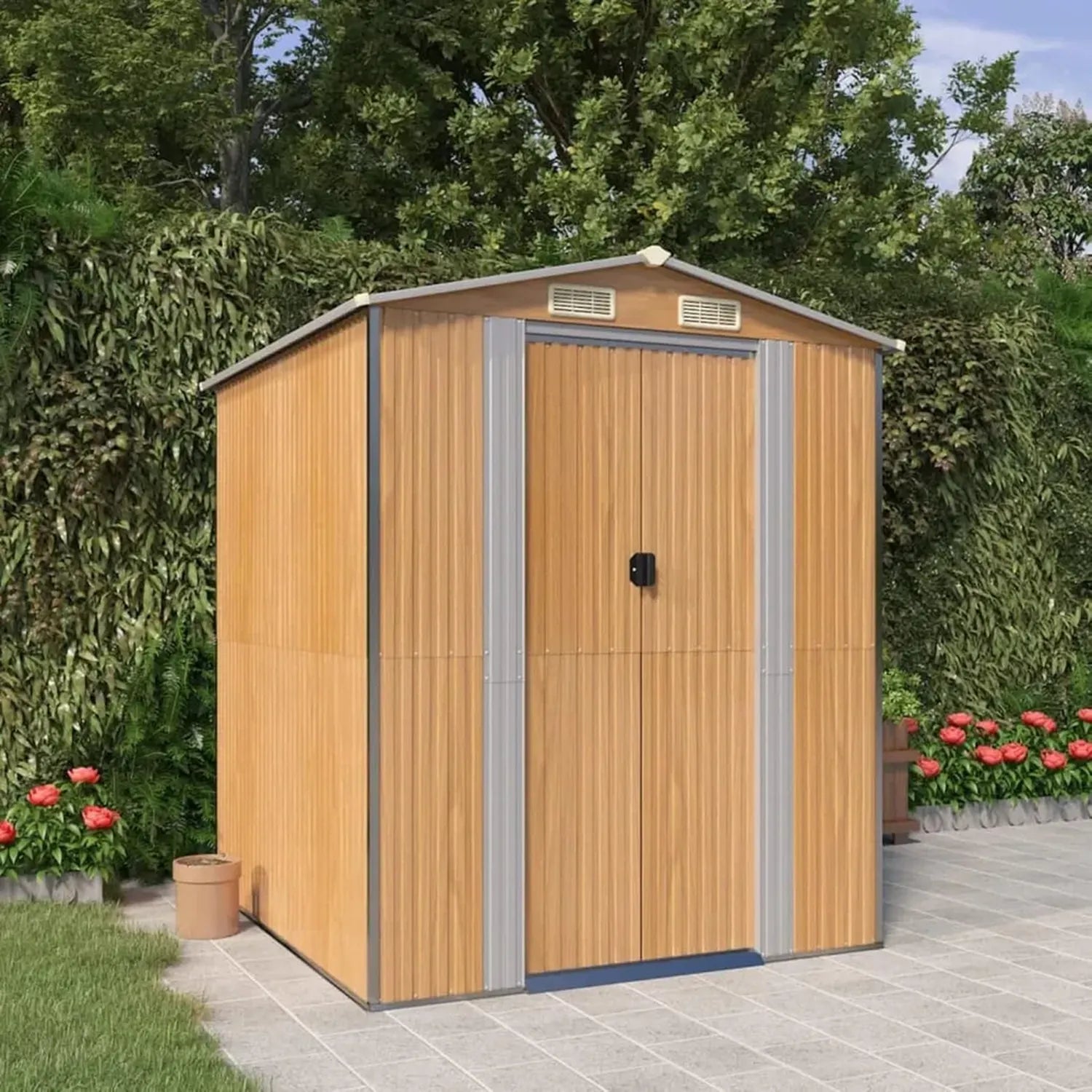 Geräteschuppen aus verzinktem Stahl, hellbraun 192x191x223 cm, ideal für Garten und Fahrräder