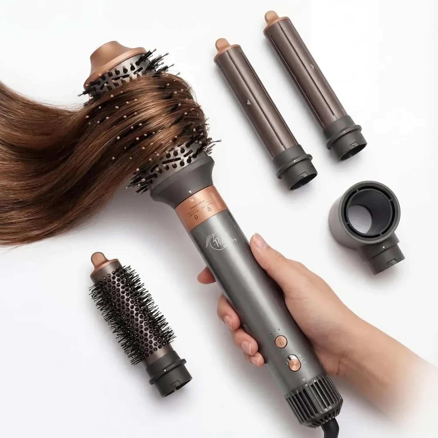 Professionelles 5-in-1 Haarstyling-Set mit Heißlufttechnologie, Volumenaufsatz, Rundbürste, Lockenstab und Haartrockner, 110.000 U/min, 1400 W