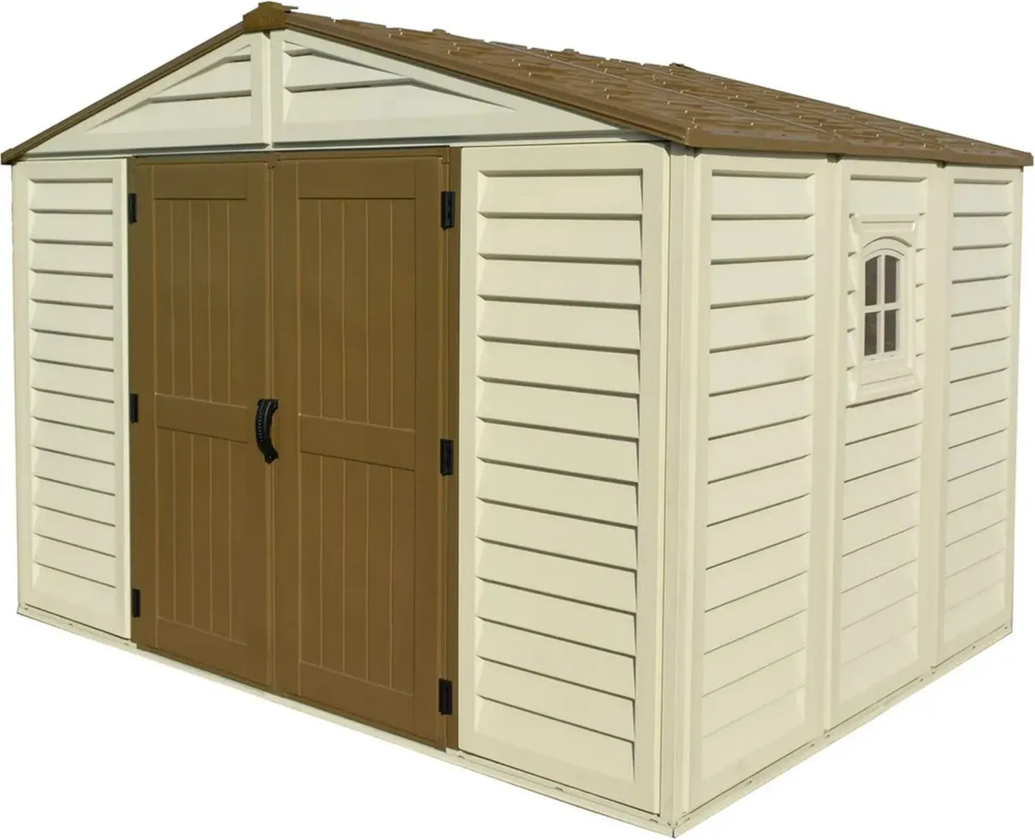 Duramax Geräteschuppen aus Kunststoff 10 x 8 mit Fenster und Metallfundament, pflegeleicht, robust in Beige und Braun