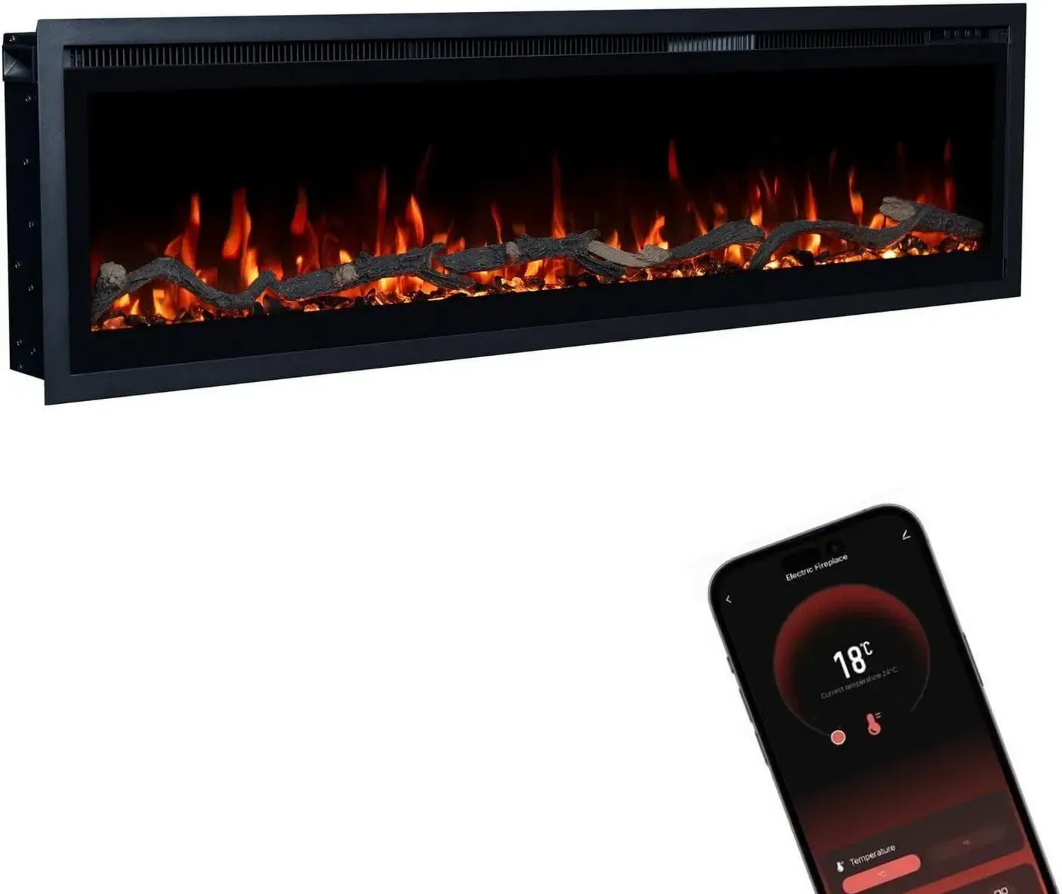 GLOW FIRE Elektrischer Wandkamin mit 3D LED-Flamme, Heizung & App-Steuerung, 1800 W, 127x35x12cm