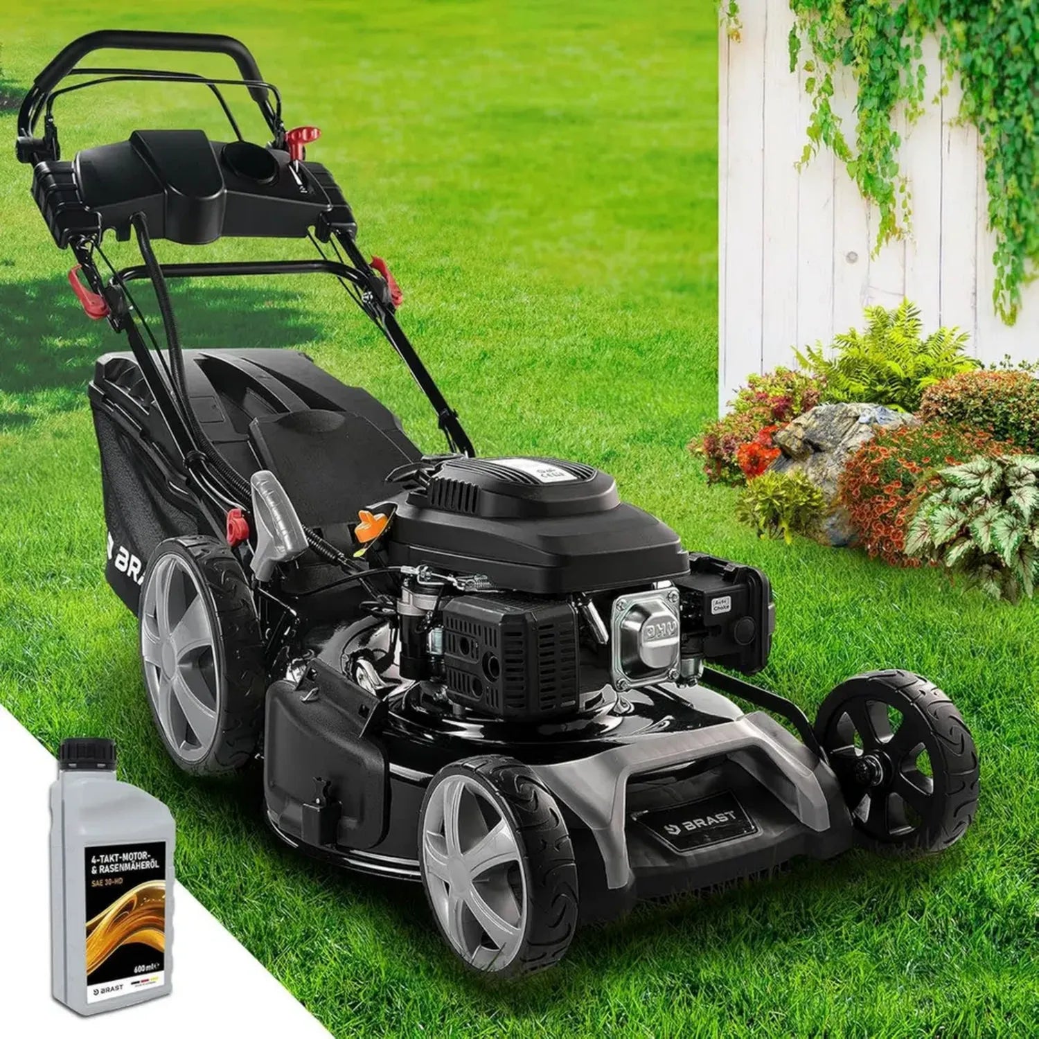 BRAST Benzin-Rasenmäher mit Elektrostart, 7 PS, 55 cm Schnittbreite, TÜV-geprüft, 4-Takt-Motor, Stahlgehäuse, 60L Fangkorb