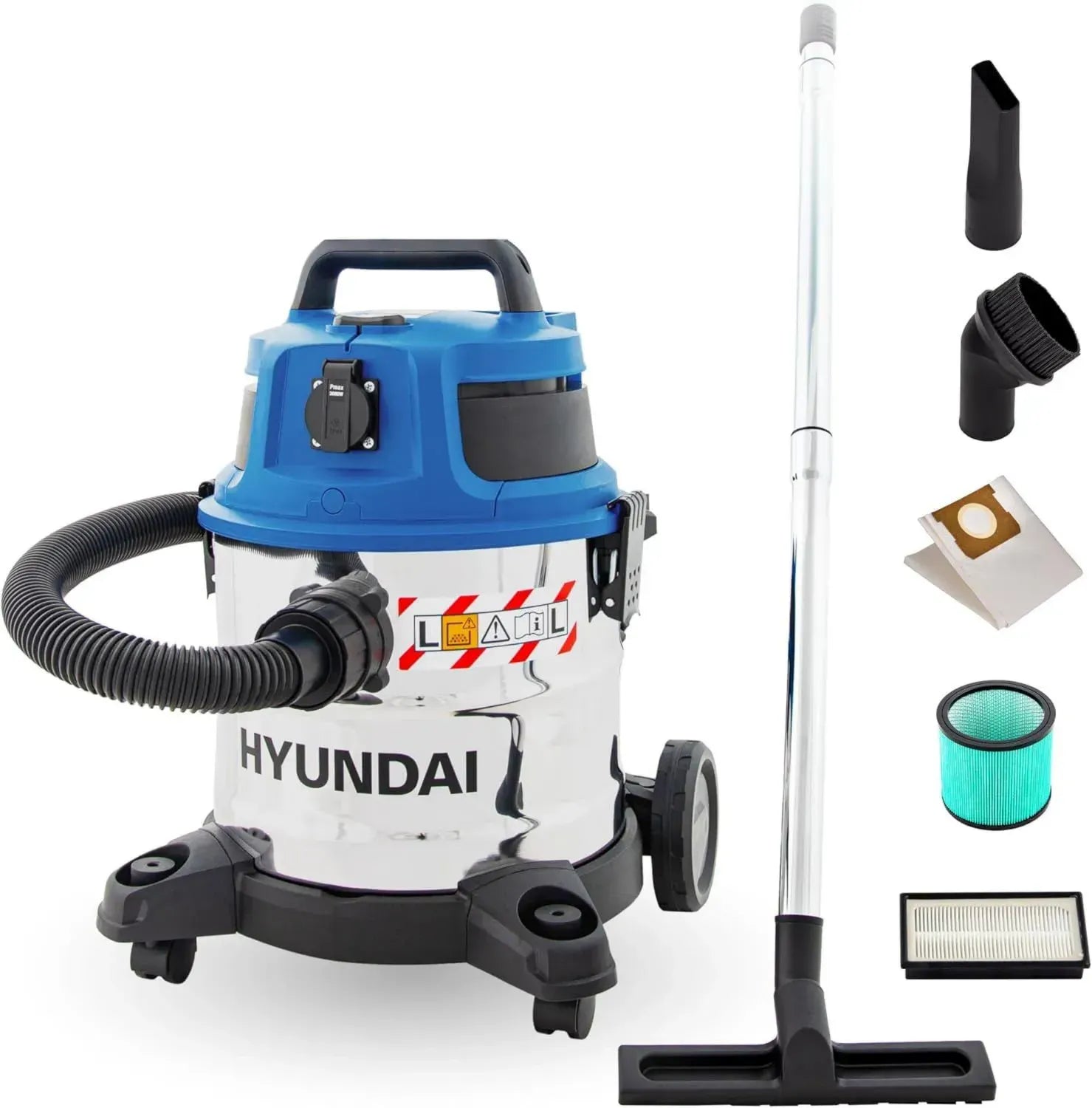 HYUNDAI Nass-Trockensauger 1600W, 20l Edelstahlbehälter, integrierte Steckdose, Master-Slave-Funktion