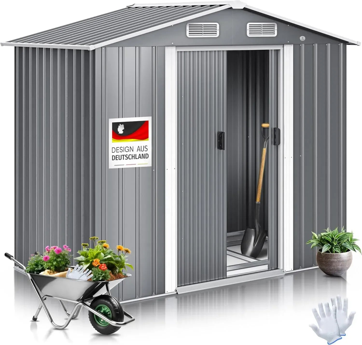 Geräumiges KESSER® XL Metallgerätehaus 4,2m³ mit Schiebetüren und Fundament - Inkl. Handschuhe, 195x131x186cm, Grau