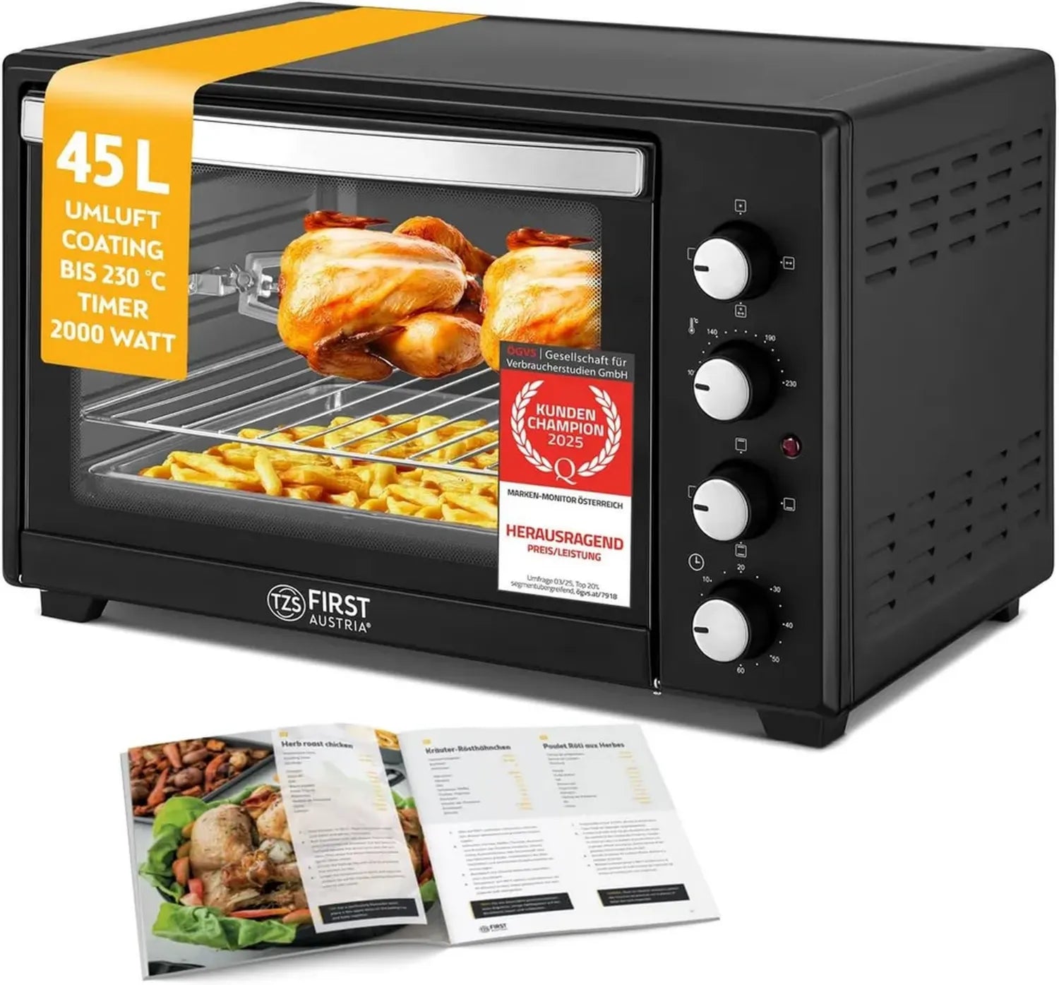 Kompakter 45L Minibackofen mit 2000W Leistung, einstellbarer Temperatur bis 230°C, Antihaftbeschichtung und 60-Minuten-Timer