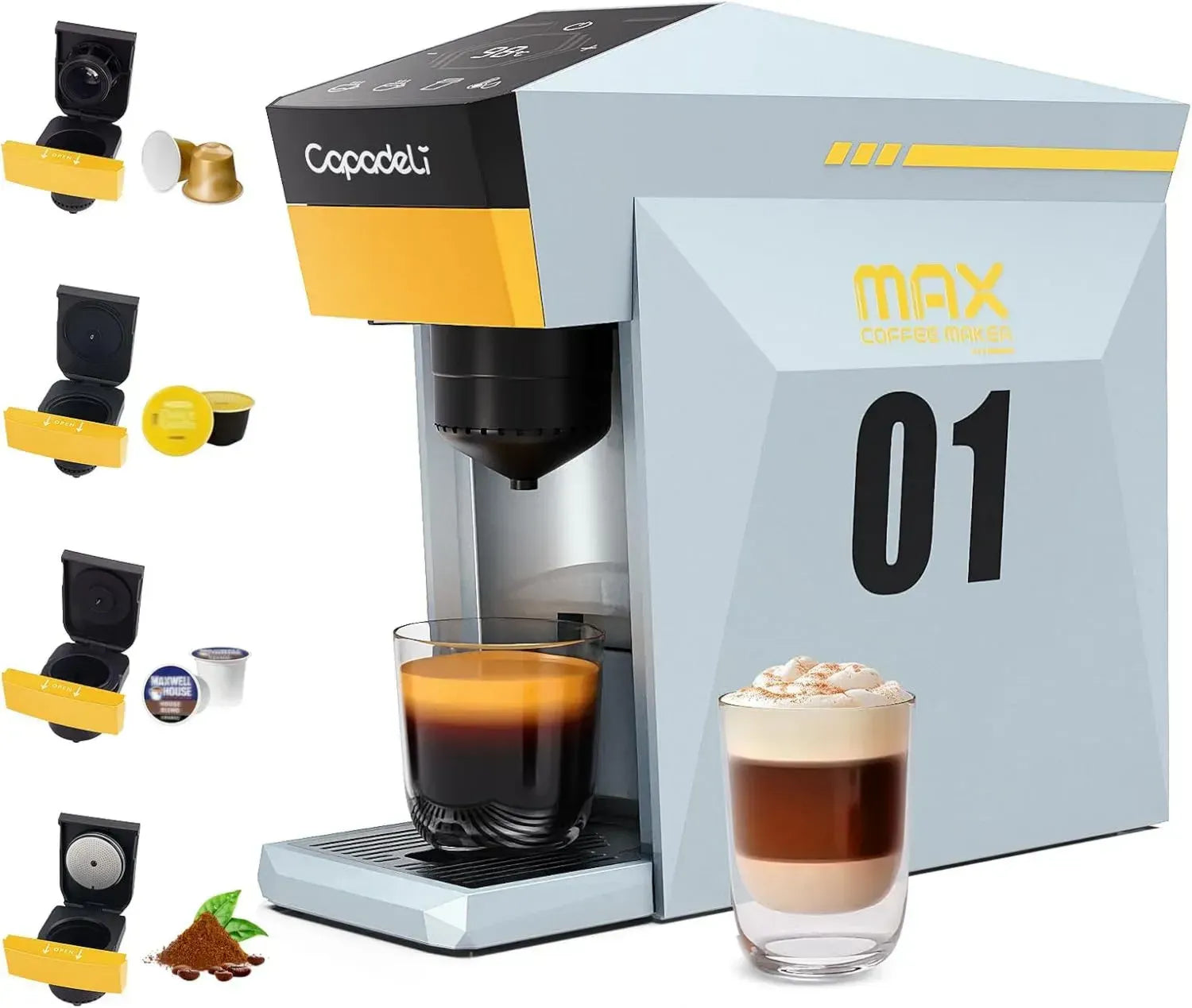 4-in-1-Multifunktions-Kaffeemaschine mit 19-Bar-Druck, Kompatibel mit Kapseln und gemahlenem Kaffee, Touchscreen-Bedienung, Grau