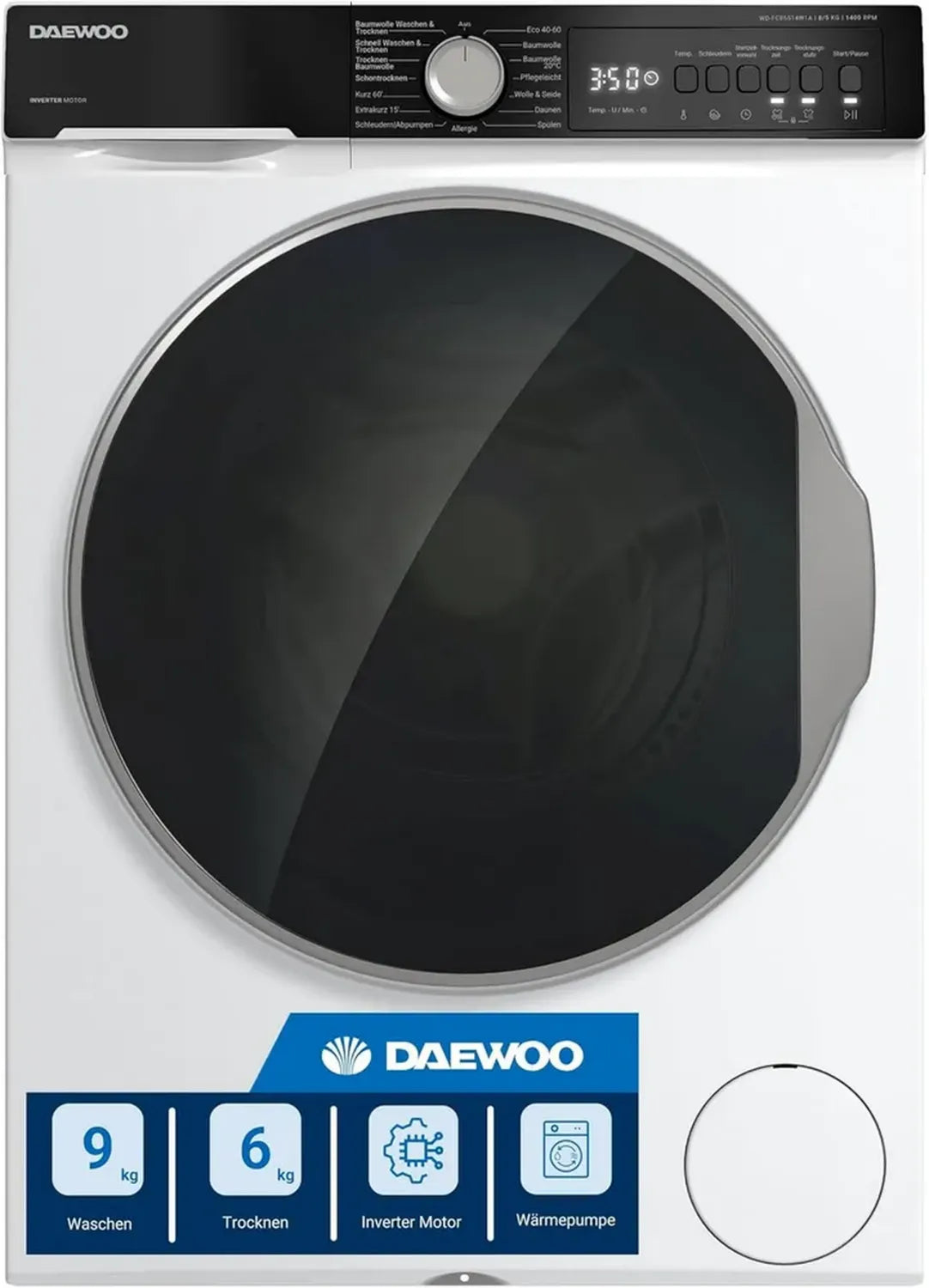 Daewoo 8 kg Waschtrockner mit Inverter Motor, 5 kg Trocknen, 1400 U/min, AquaStop, Energieklasse A, Weiß
