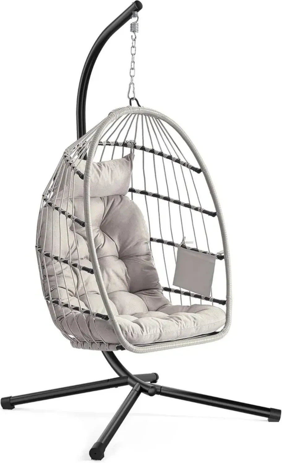 SONGMICS Höhenverstellbarer Hängesessel mit Gestell, Klappbarer Korbsessel für Indoor und Outdoor, mit Seitentasche und Kissen, Weiß