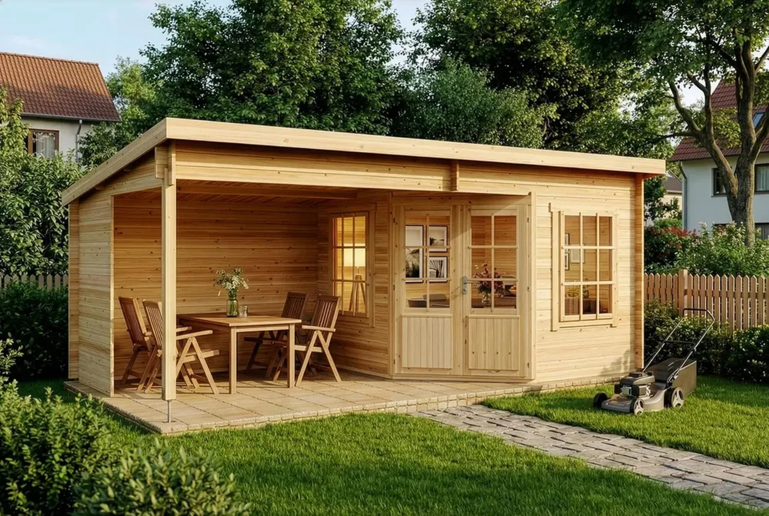 Massivholz Gartenhaus Carl-28, Geräteschuppen mit 28 mm Wandstärke, Komplettset inkl. Montagematerial, Abmessungen 598x300 cm, Pultdach