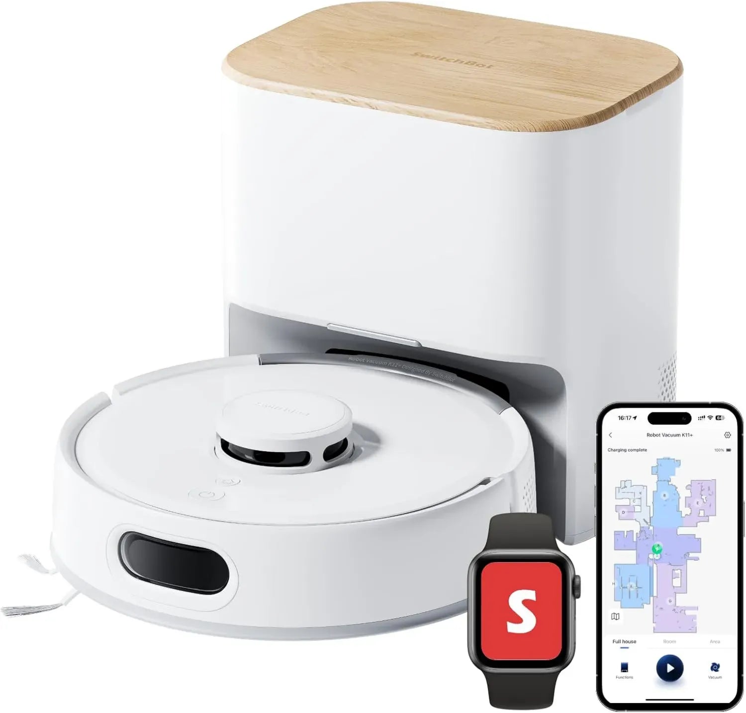 SwitchBot K11+ Saugroboter mit Wischfunktion, 6000Pa Leistung, 90 Tage Staubbehälter, Auto-Entleerung, LDS Navigation, schlankes Design, kompatibel mit Apple Home, Alexa, Google Home und Matter
