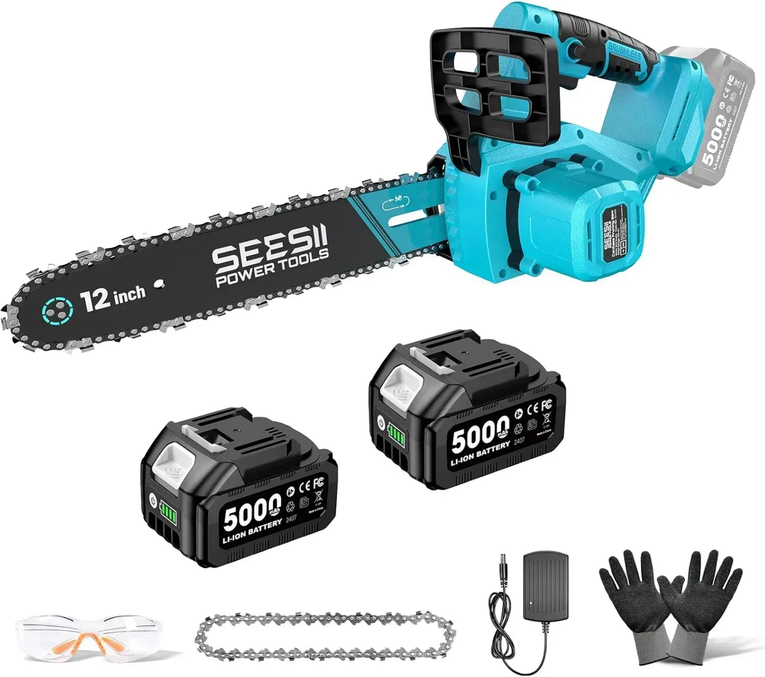 SEESII 12-Zoll Akku-Kettensäge mit 5.0Ah Doppelschacht, bürstenlos, inkl. Ladegerät, automatischer Öler & werkzeuglose Kettenspannung, für Holzarbeiten & Baumpflege