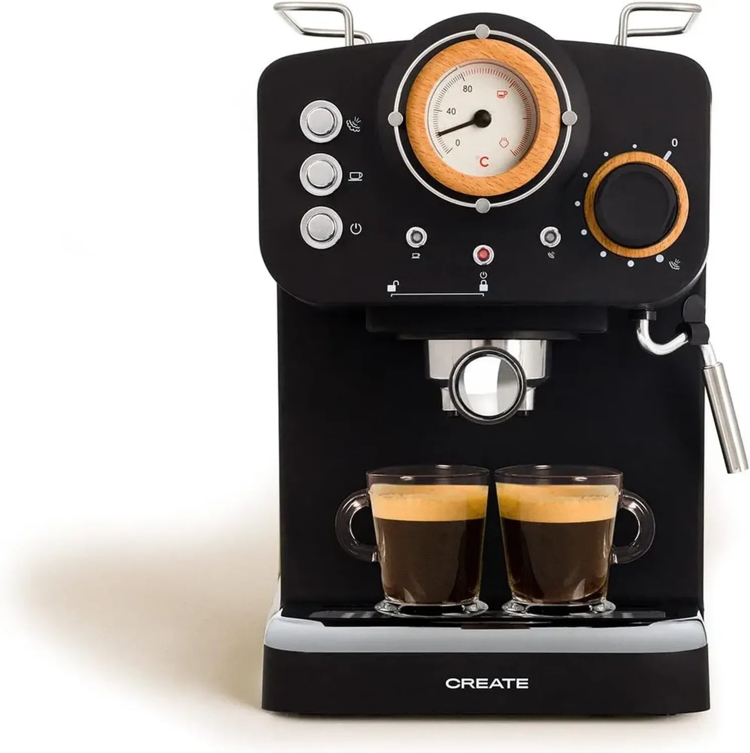 CREATE THERA RETRO Espressomaschine, schwarz matt, Holzdetails, 20 Bar Druck, 1100W, 1,25L Wassertank, für gemahlenen Kaffee und 55mm ESE-Pads, integrierter Milchaufschäumer