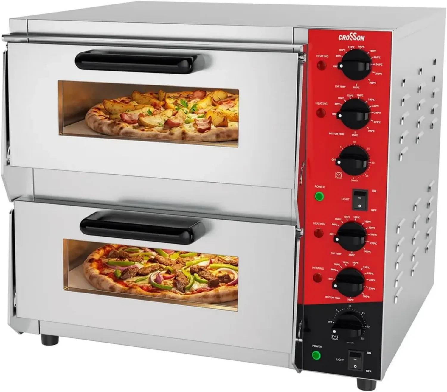 Elektrischer Doppel-Pizzaofen mit Schamottstein, 4000W, Edelstahl, 30-Minuten-Timer