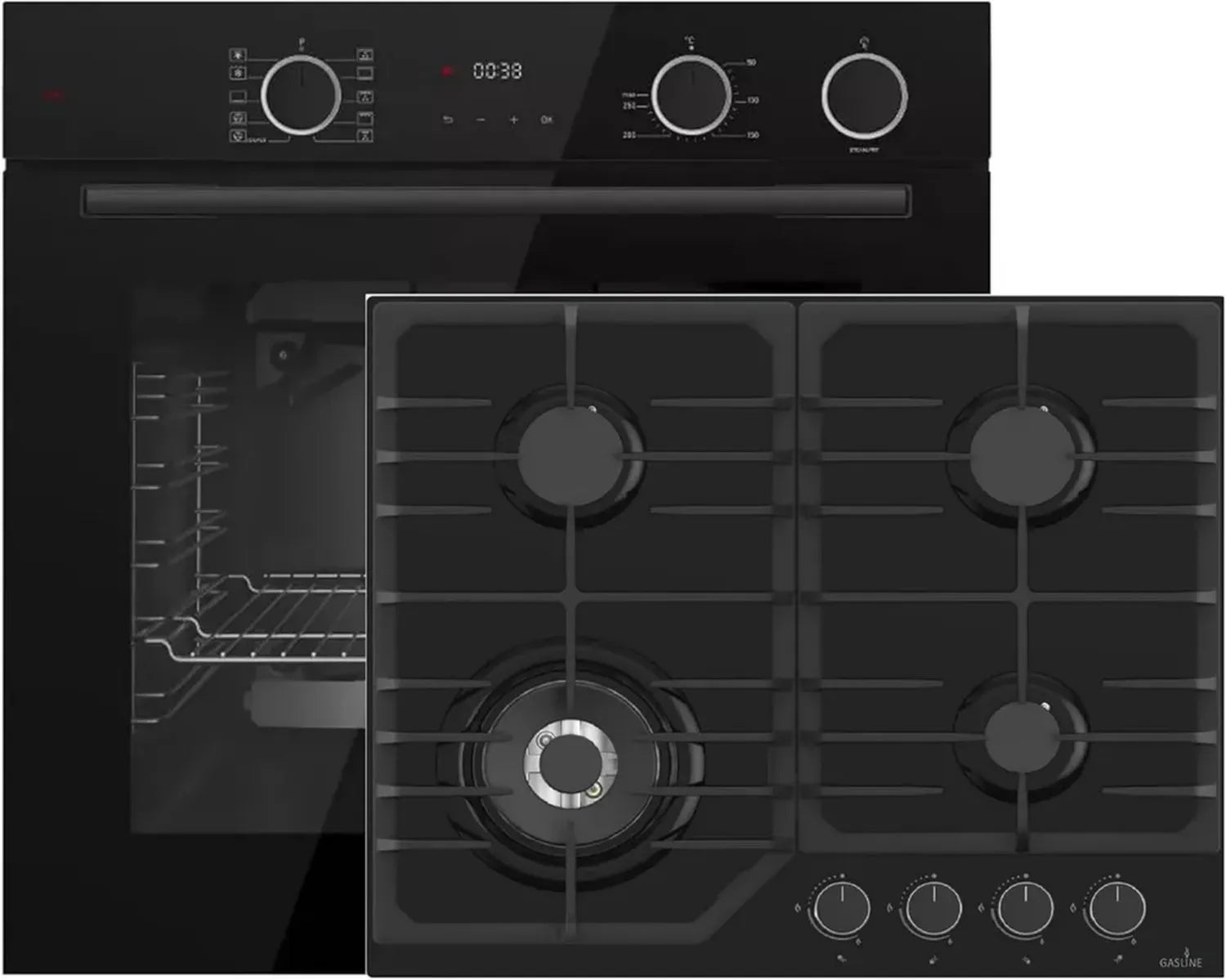 Integrierter Backofen 60 cm mit AirFry & Dampffunktion, 73L Kapazität, 10 Modi, 280°C, versenkbare Bedienknöpfe + 4-Flammen-Gaskochfeld mit 3,8 kW Wokbrenner