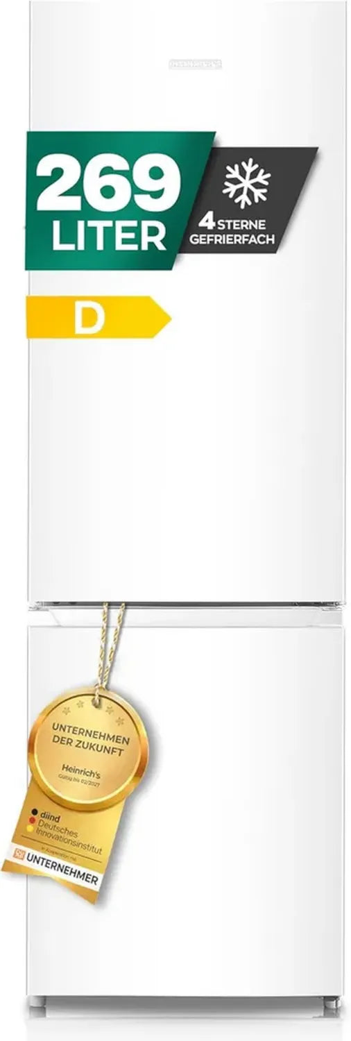 Heinrichs Energieeffizienter Kühl-Gefrierschrank, 269L, LED, Wechselbarer Türanschlag, 39dB, Weiß