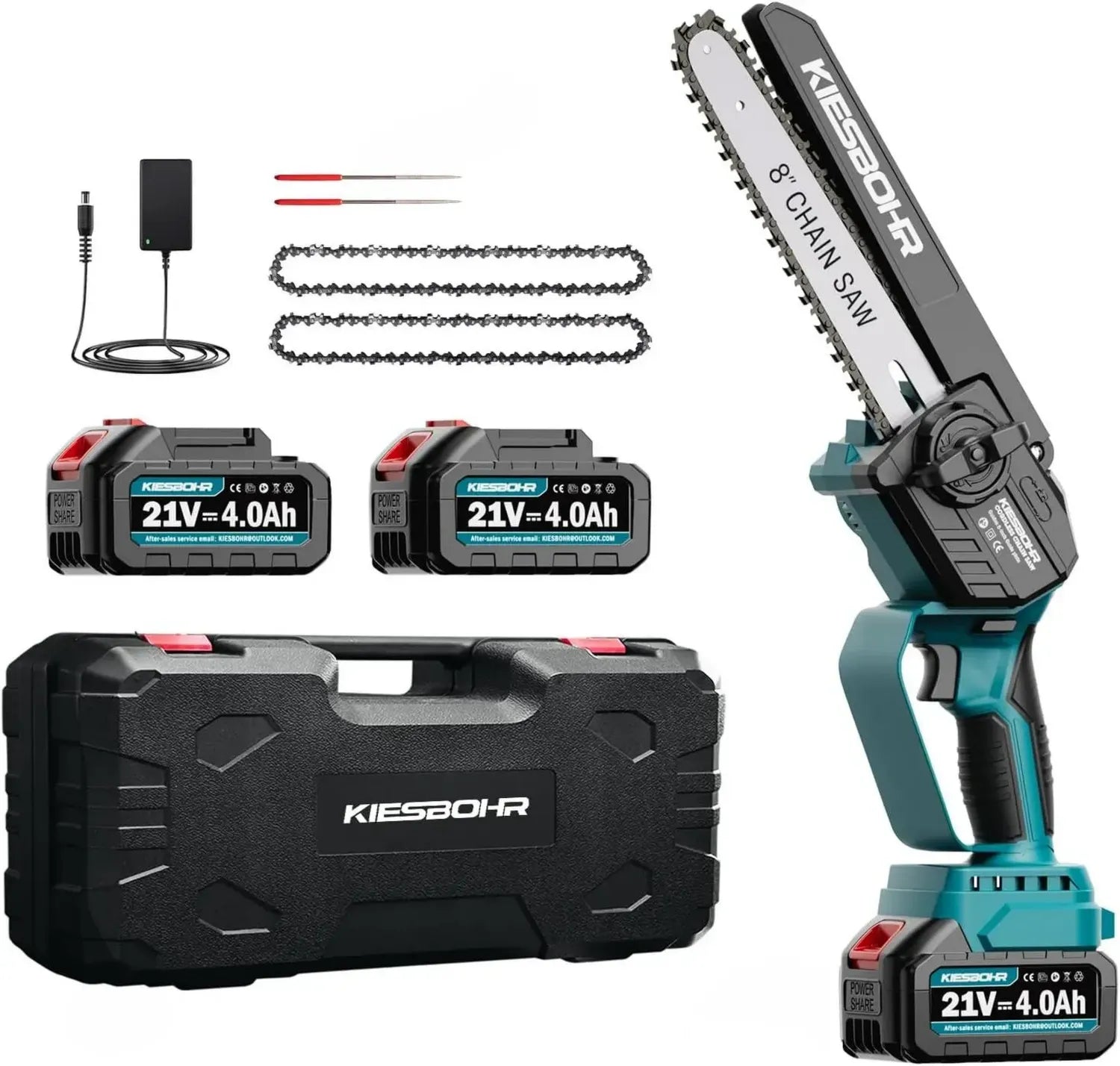 Kompakte Akku-Kettensäge 8 Zoll mit Schmierfunktion, 21V Lithium-Ionen, bürstenloser Motor, 2x 4000mAh Akkus, 2 Ersatzketten