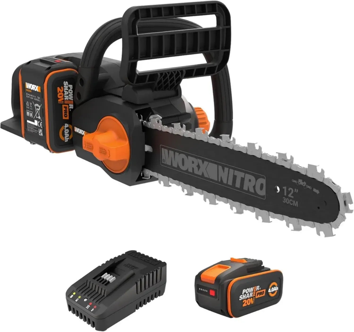 WORX WG350E Nitro 20V Akku-Kettensäge – Leistungsstarke und sichere Holzsäge – 30 cm Schnittlänge – Automatische Ölschmierung – Inkl. 4Ah Akku und Ladegerät