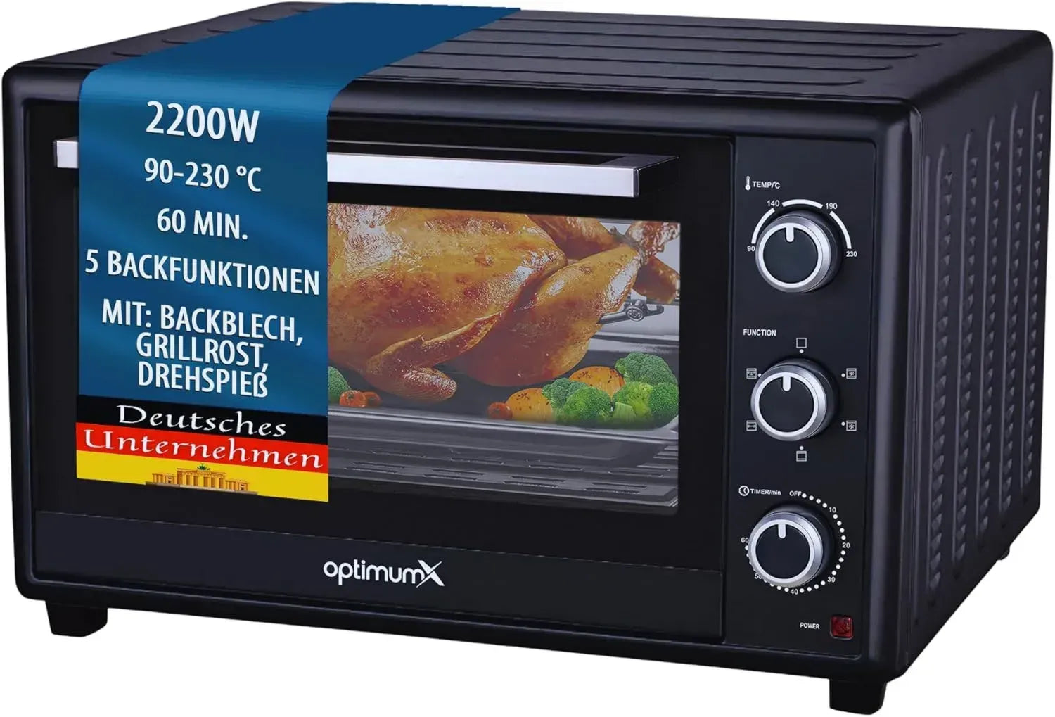 OptimumX XXL Mini-Ofen 60L mit Heißluft und Drehspieß, 2200W, Anthrazit