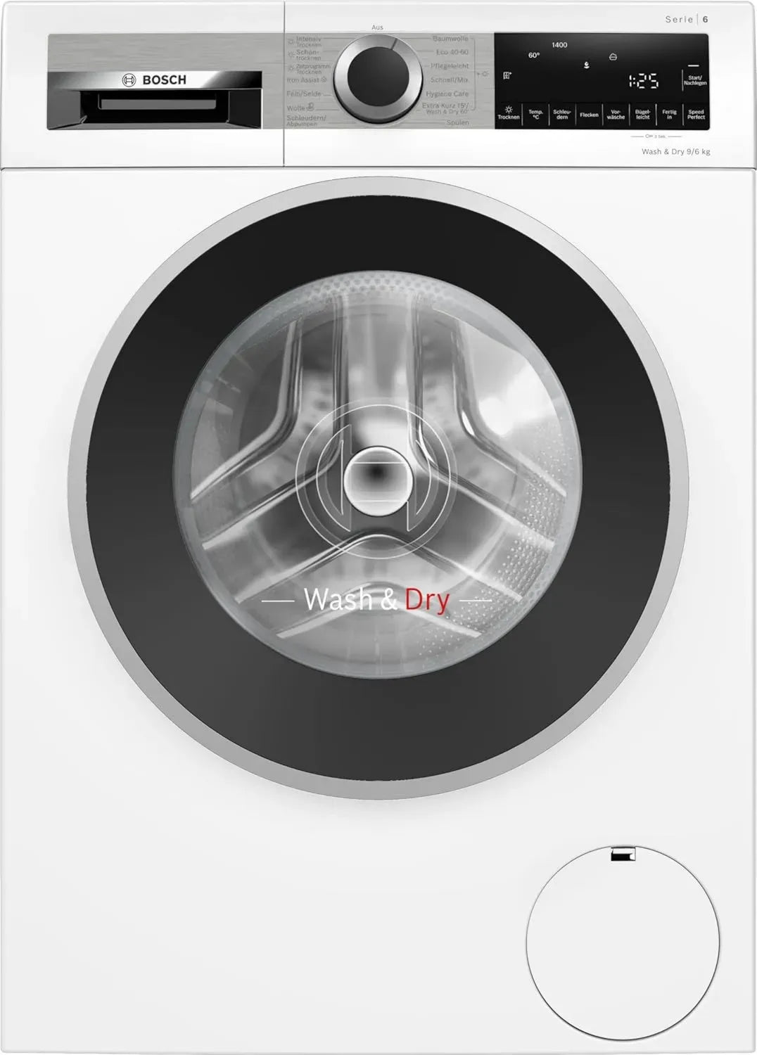 BOSCH Serie 6 Waschtrockner, 9/6 kg, 1400 U/min, EcoSilence Drive, Fleckenautomatik, Iron Assist, SpeedPerfect, AutoDry, Weiß